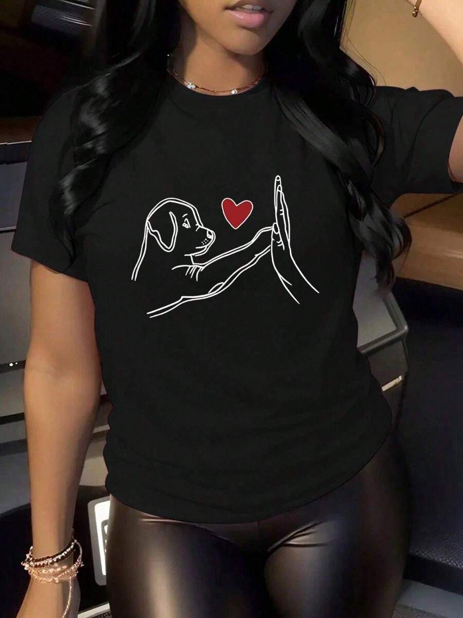 INAWLY Dog And Heart Printed T-Shirt, Cute Cartoon Dog Pattern Tee, Women's Short Sleeve Round Neck Casual Summer Top Graphic Tees Women Tops Suitable For Summer Wear, Printed Pattern Short Sleeves, Ladies' Tops, And Printed Short Sleeves. - 黑色 - 查看 1