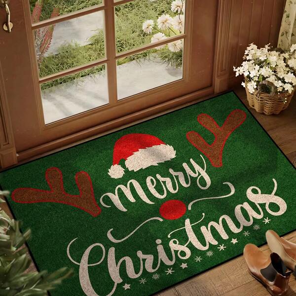 1 pièce Paillasson motif bonnet de Noël et bois de cerf - Tapis de chambre à coucher, tapis d'entrée, convient pour la décoration de la maison, le tapis d'entrée de camping-car, les accessoires de la pièce, le salon, le bureau, le chevet, le canapé, le balcon