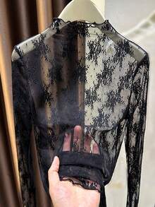 2025 New Lace Mock Neck Layering Sheer Mesh Long Sleeve Undershirt For Women, Spring/Summer/Autumn - Black - View 4
