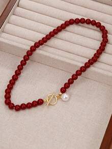 1pc Minimalist Vintage Red Agate Natural Stone Bead And Gold Bead Necklace,Faux Pearl OT Clasp Elegant Choker Necklace,Suitable For Daily And Party Accessory, Fashionable Jewelry, Best Friend Gift
