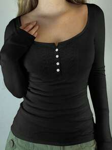 阳光女孩风格春季情人节女士返校蕾丝拼接半开领纽扣设计休闲修身长袖黑色针织T恤 - 黑色 - 查看 6