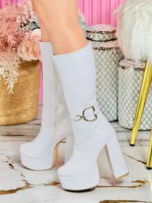 Botas de recubierto elegantes tacon comodo con Estilo de discoteca Cremallera lateral Hebilla Plataforma Fiesta todas las temporadas. - Blanco - Ver 5
