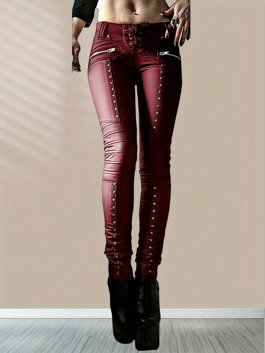 Women's Faux Leather Leggings Gothic Punk Skinny PU Leather Pants Mid Rise Novelty Studded Tight Pants - 紅色 - 查看 1