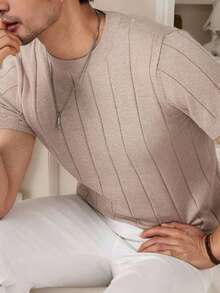 Men's Casual Crew Neck Solid Color Short Sleeve Knit T-Shirt - Khaki - View 4