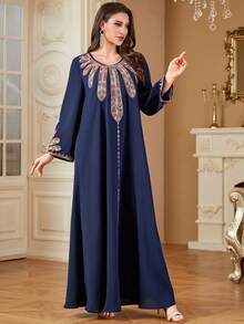 Women's Muslim Robe Abaya, V-Neck Embroidered Eid Dress, Dubai Clothing, Arabic Islamic Robe - Navy Blue - View 5