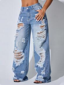 Low Waist Wide Leg Casual Blue Distressed Slant Pocket Curved Hem Women Jeans