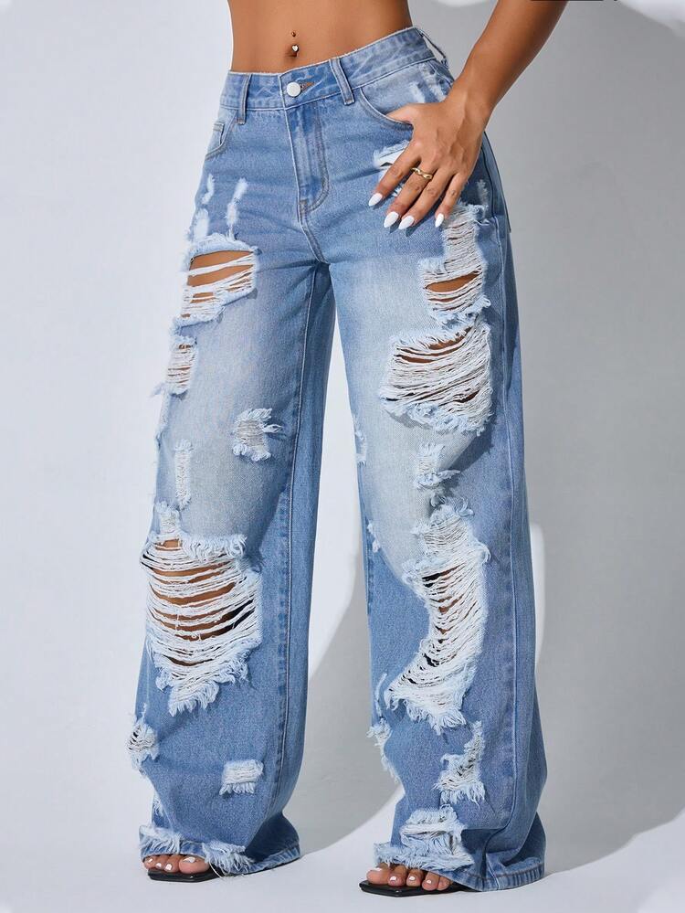 Calça Denim Feminina Casual de Cintura Baixa, Perna Larga, Azul Desgastada, Bolso Diagonal, Bainha Curva, Ideal para Férias de Verão e Primavera - Azul - Visão 5