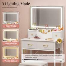 Tomnk 60cm Large Mirror Vanity Table With 4 Drawers & Stool, White Makeup Dressing Desk With Power Outlet, 3 Color Adjustable Brightness LED Mirror (Powered By USB), Holiday Christmas Valentine Gift For Women Girls, Modern Glam Furniture For Bedroom - Xem 5