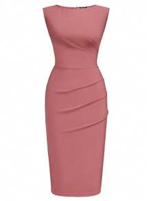 MIUSOL Elegant Women's Sleeveless Ruched Bodycon Pencil Dress, Slim Fit Zip Back Split Hem Business Casual Outfit, Perfect For Office, Wedding Guest, Birthday, Homecoming And Church - 藕粉色 - 查看 7