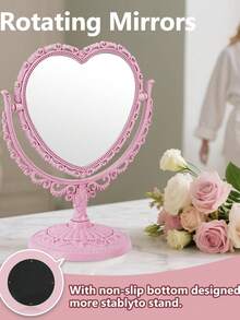 Este espelho de maquiagem em formato de coração possui um espelho de dupla face com estilo vintage e um suporte giratório. É perfeito para maquiagem, para meninas, mulheres, festas de beleza e spas. Este adorável espelho de princesa em formato de coração é ideal para colocar em uma mesa. Este espelho de mesa giratório de dupla face com suporte é uma excelente opção para decorar o quarto de uma menina e também um ótimo presente para familiares e amigos no Halloween e no Natal.