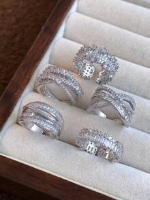5 件奢华夸张超闪亮方晶锆石可调节开口戒指套装，适合日常时尚、宴会、派对、节日礼物、婚礼新娘佩戴 - 銀色 - 查看 3