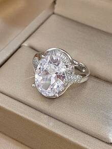 2 件/1 件奢华优雅大号椭圆形切割水钻可调节女士戒指，防褪色镀铜戒指，订婚婚礼珠宝，周年纪念情人节礼物，妈妈礼物，圣诞节感恩节日常派对礼物，送给女朋友和妻子 - 彩色 - 查看 3