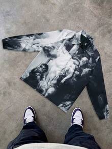 Men's Casual Graphic Print Zip Front Varsity Jacket For Autumn Going Out Streetwear, Graphic Long Sleeve Angel Lightweight Zip Up Jackets, Men Fall,For Friends, Husband, Boyfriend Gifts - 黑色 - 查看 11