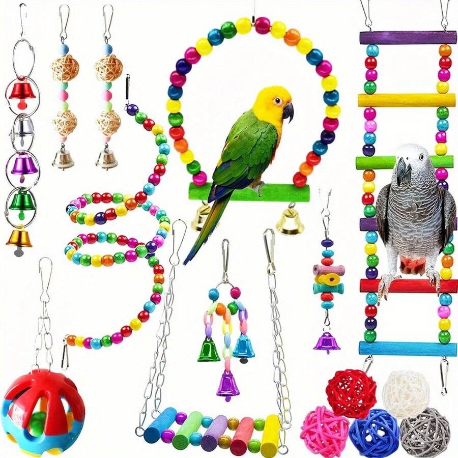 15pcs Colorful Parrot Birds Toys Playset - Wooden Swing, Chew Toys, Hanging Bells, Hammock & Climbing Ladder - Ideal For Small Birds Like Parakeets, Cockatiels, Conures, Finches, Budgies, Macaws - Perfect Gift For Bird Enthusiasts, Bird Accessories - 15件鳥玩具 - 查看 1