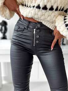 Quần da PU nữ, quần jeans PU co giãn lót lông cừu nữ, quần da giả kiểu boyfriend lót lông cừu nữ, quần legging da PU ấm áp thiết kế khóa kéo và nút cài cho mùa đông, quần da giả co giãn thoải mái ôm sát ấm áp - màu đen - Xem 2
