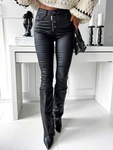 Quần da PU nữ, quần jeans PU co giãn lót lông cừu nữ, quần da giả kiểu boyfriend lót lông cừu nữ, quần legging da PU ấm áp thiết kế khóa kéo và nút cài cho mùa đông, quần da giả co giãn thoải mái ôm sát ấm áp - màu đen - Xem 1