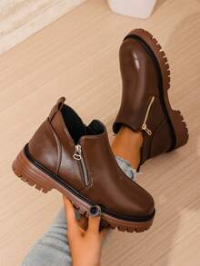 Botas Chelsea com Zíper Oblíquo para Mulheres, Bico Redondo, Salto Grosso, Botas de Tornozelo em Couro PU Marrom, Slip-On, Botas Curtas de Estilo Americano da Moda, Adequadas para Primavera e Outono