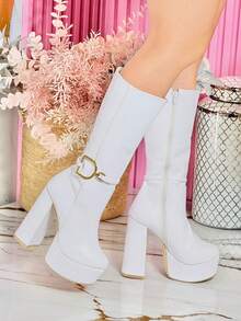Botas de recubierto elegantes tacon comodo con Estilo de discoteca Cremallera lateral Hebilla Plataforma Fiesta todas las temporadas. - Blanco - Ver 4