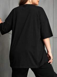 Camiseta de manga corta con cuello redondo y colores sólidos para mujer, cómodas camisetas casuales para todas las estaciones - Negro - Ver 3