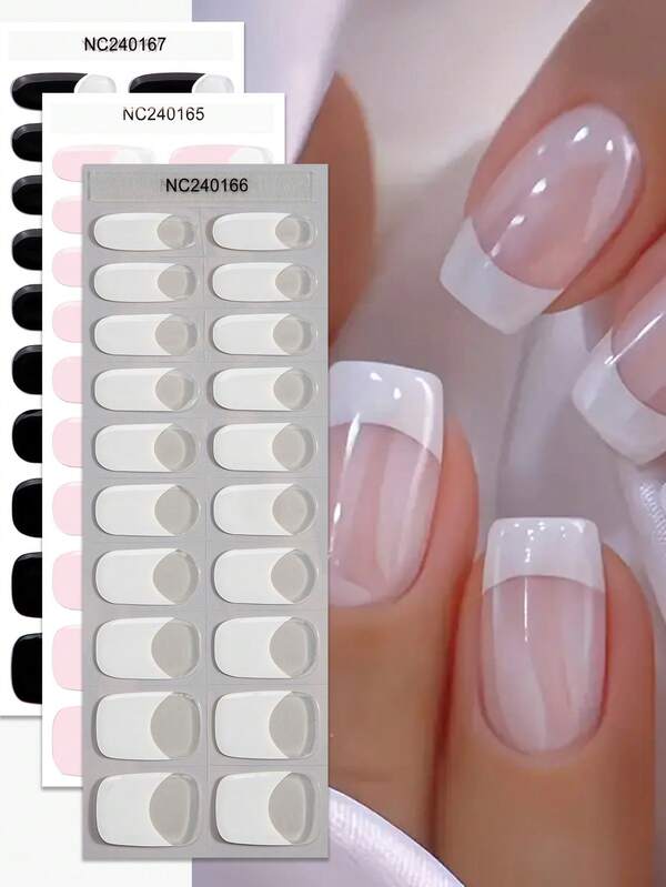 20pcs French Semi Cured Gel Nail Strips, Fall White Self-Adhesive Gel Nail Full Wraps, Requires UV Lamp,Easy Manicure, Salon Quality, Nail Stickers For Ladies Home DIY