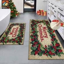 1 pieza Alfombra antideslizante para baño con diseño de bayas de acebo navideño, hecha de material de cachemir sintético con decoración esponjosa, adecuada para baños, entradas, cocinas y otras ocasiones. Se puede lavar a máquina. Es una decoración festiva y se puede regalar.