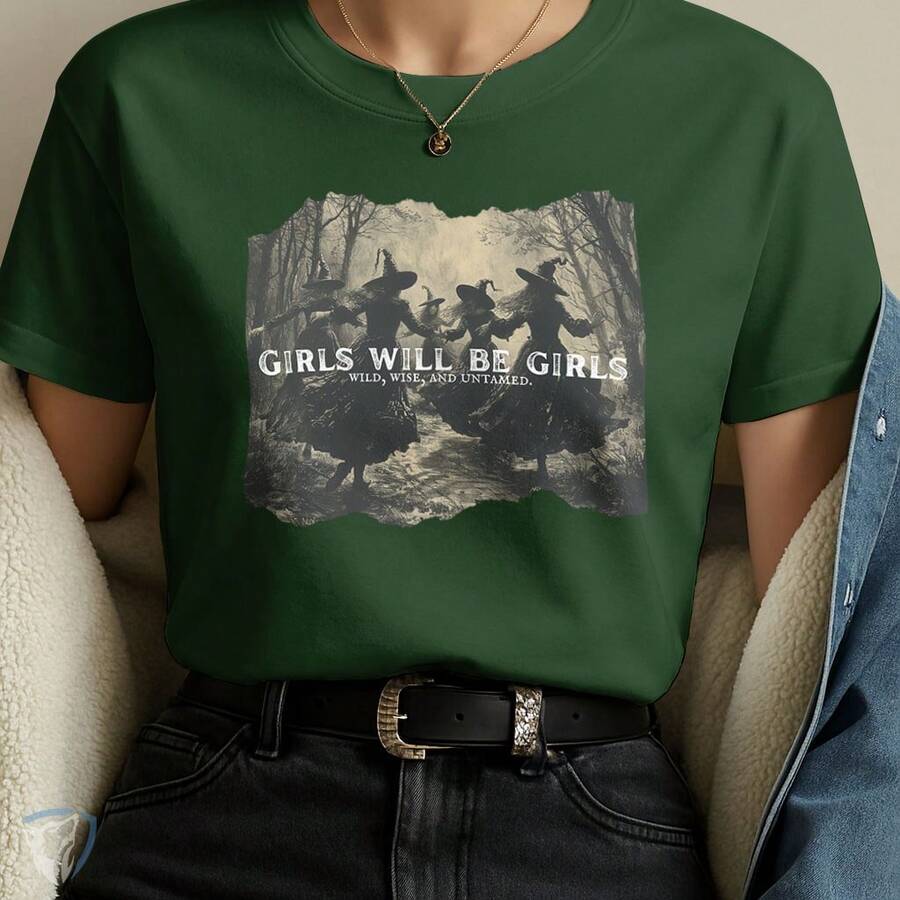 Girls Will Be Girls Printed Women's T-Shirt | Witches In The Forest Art - 墨綠色 - 查看 1