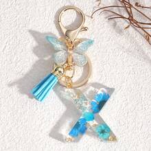 Fashionable Butterfly Tassel Flower Initial Keychain For Girl And Ladies, Blue Cute Dry Flower Dandelion Letter Key Chain, Backpack/Handbag Decoration Gift Bag Accessories Lanyards With Id Holder Car Accessories Bag Charms Christmas Car Accessories Teacher Friend Sister Gift Ideas