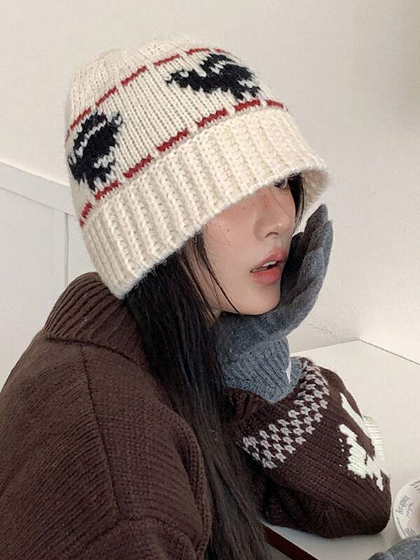 1pc New Autumn/Winter Knitted Fisherman's Hat, Warm Ear-Protecting Windproof Woolen Knitted Hat, Fashionable & Versatile Windproof & Warm Bucket Hat, Suitable For Outdoor Gatherings To Keep Warm, Contrast Color Casual Polyester Animal Design Warm