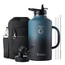 Water Bottle Insulated With Handle, Half Gallon Stainless Steel Metal Large Water Jug, Travel Flask With Straw Spout Lid, Wide Mouth Mug With Carry Pouch, Keep Cold - Indigo Crush - 查看 11