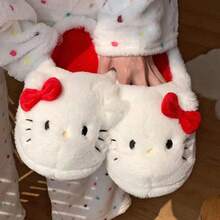 Sanrio 2 piezas Pantuflas de diseño de gato de felpa gruesa, antideslizantes, adecuadas para otoño/invierno, ideales para el hogar, dormitorio y niñas