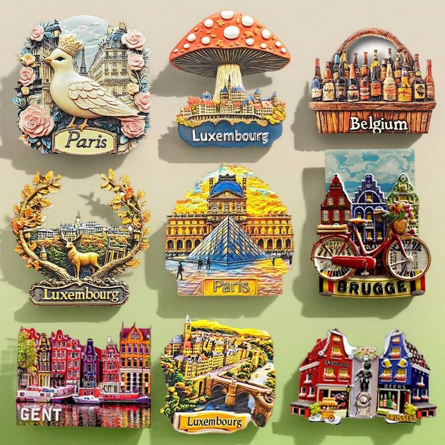 1 pieza Imán de nevera con diseño de Francia, Bélgica y Luxemburgo, recuerdo de viaje y decoración del hogar