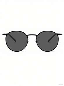 1 Pair Women's Metal Round Fashion Versatile Glasses, Metal Frame Daily Wear Elegant Sunglasses - Black Frame Gray Film - View 3