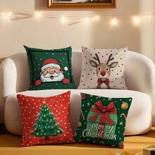 4pcs Christmas Cartoon Santa Claus, Reindeer, Snowman & Gift Box Cushion Cover Set, Single-Sided Printed Plush Fabric, 45*45/50*50/40*40CM Pillow Case Suitable For Room Decor, Modern Minimalist Sofa Living Room Decor, Gift, Party Decoration