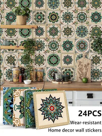 OUTANA 24pcs PVC Self-Adhesive Square Wall Stickers (Note: This Is Decorative Wallpaper, Not Tiles). Retro Bohemian Style, Waterproof, Wear-Resistant, Oil-Proof, Easy To Clean. Can Be Easily Trimmed To Any Size, Suitable For Decorating Living Room, Bedroom, Kitchen, Bathroom, Laundry Room, Fireplace And Other Spaces.