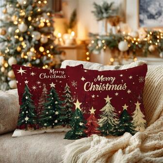 MEMNUN 2pcs Christmas Red Background Christmas Tree & Merry Christmas Text Print Polyester Pillow Covers [No Pillow Insert], 17.7*17.7in(45*45cm)/19.69*19.69in(50*50cm)/15.75*15.75in(40*40cm), [Single-Sided Print] Tis The Season Christmas Decorative Throw Pillow Covers, Christmas Decor, Room Decor, Home Decor, Bedroom Decor, Room Decoration Stuff For Sofa, Bed, Living Room, Bedroom, Car, Office, Hotel, Suitable For All Seasons, Perfect Gift For Family And Friends