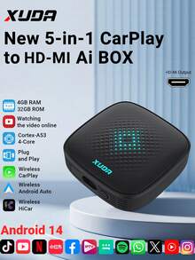 XUDA 新款五合一 Carplay Ai Box 支持 Hdni 高清输出、Android 14/Carplay/Android Auto/HiCar，并支持在四种操作系统之间切换 4+32GB/4+64GB 提供高性能、多功能、稳定流畅运行不间断，以及内置应用程序 - 黑色 - 查看 12