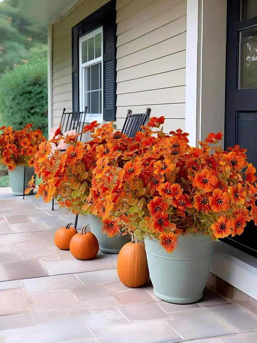 Outdoor Artificial Fall Flower, Uv Resistant Fake Plants, Faux Plastic Floral Orange Shrubs Hanging Flower Plant For Home Kitchen Balcony Garden Window Sill Fall Decoration