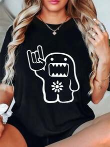 Camiseta Gráfica con Flor de Roca Monstruosa ,Camiseta informal de algodón de verano para mujer, manga corta, cuello redondo, 220 g/m2 (1 pieza) - Negro - Ver 1
