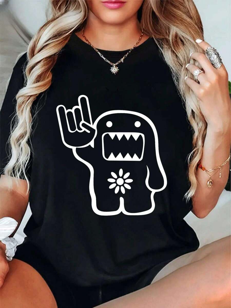 Camiseta Gráfica con Flor de Roca Monstruosa ,Camiseta informal de algodón de verano para mujer, manga corta, cuello redondo, 220 g/m2 (1 pieza) - Negro - Ver 1