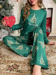 2pcs Women Christmas Tree & Slogan Print Pajama Set, Loose Fit Round Neck Long Sleeve Top And Pants, Suitable For Party And Christmas Holiday Series, Winter Clothes - Green - View 3