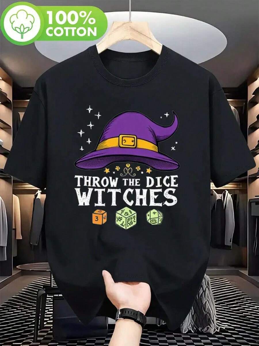 Funny Halloween Witch T-Shirt - Throw The Dice Witches Graphic Tee With Purple Hat, Soft Breathable Cotton Shirt For Bunco Party, Halloween Costume Or Casual Outfit - Sizes S-XXL - Perfect Gift For Gamers, Tabletop RPG Fans & Witch Lovers - Black Halloween Party Apparel, Halloween Clothes, Comfortable Fit,Nightmare Before Christmas,Christmas,Halloween Costumes,Funny T Shirts,Summer Outfits,Thanksgiving Day,Men Graphic Tees,Streetwear Men - Black - View 1