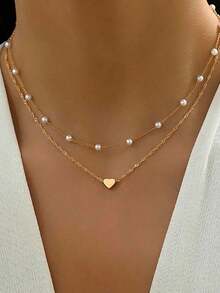 1pcs Heart-Shaped Pearl Pendant Necklace Set - Elegant Layering Jewelry For Women, Dainty Gold/Silver Necklaces For Daily Wear & Parties, Perfect Gift For Her - 金色 - 查看 2