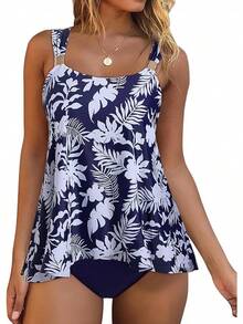 High Waisted Ruffle Tankini Swimsuit Plus Size Tummy Control - Navy Blue Leaf - View 1