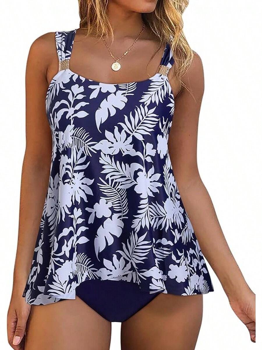High Waisted Ruffle Tankini Swimsuit Plus Size Tummy Control - Navy Blue Leaf - View 1