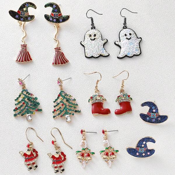 زوج من أقراط مصنوعة من سبائك معدنية بتصاميم مبتكرة لموسم الأعياد، بأشكال قبعة ساحرة هالوين، شبح، شجرة عيد الميلاد الملونة، بابا نويل، جرس، وأحذية، أقراط عيد مميزة وأنيقة