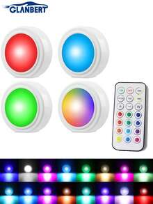 GLANBERT 4/2件套汽车彩色装饰灯，RGB遥控脚灯，高亮度多模式氛围灯，13色车内LED圆盘灯，车内夜灯，适用于汽车和家居装饰，触摸式氛围LED脚灯，高亮度多模式氛围灯（不含电池）