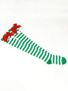 1 Par de Meias Acima do Joelho com Laço Festivo para Festa/Reunião, Listradas em Vermelho e Verde, Adequadas para Decorações de Natal e Decoração de Casa, Decoração de Quarto de Inverno