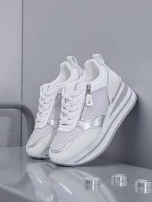 女士厚底户外运动鞋，网眼透气越野跑鞋，四季休闲鞋，适合春秋冬季女学生，卡其色、银灰色、黑色可选