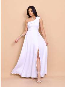 Helena Long Dress Luxury Plain Duna Linen With Slit Flowers One Shoulder - 白色 - 查看 2