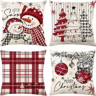 4件套圣诞枕套圣诞装饰枕套冬季节日靠垫套家庭圣诞装饰雪人圣诞树单面无枕芯
